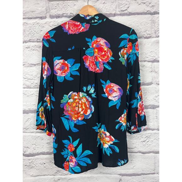 MAEVE Women's‎ 4 Black Floral Woodland Walk Button Front Tropical Resort Blouse - Picture 3 of 9